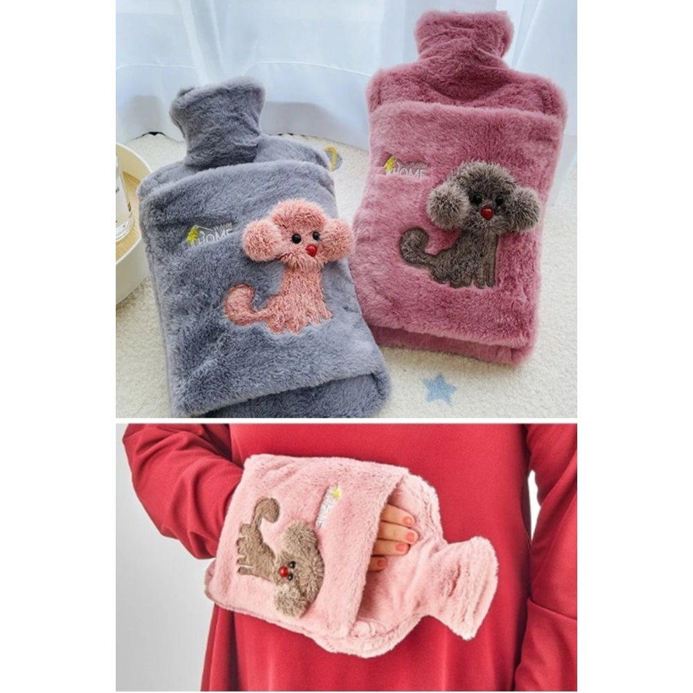 Peluş Kılıflı Köpek Emojili Sıcak Su Torbası 2 lt Cepli El Geçmeli Sıcak Su Torbası El Isıtıcı