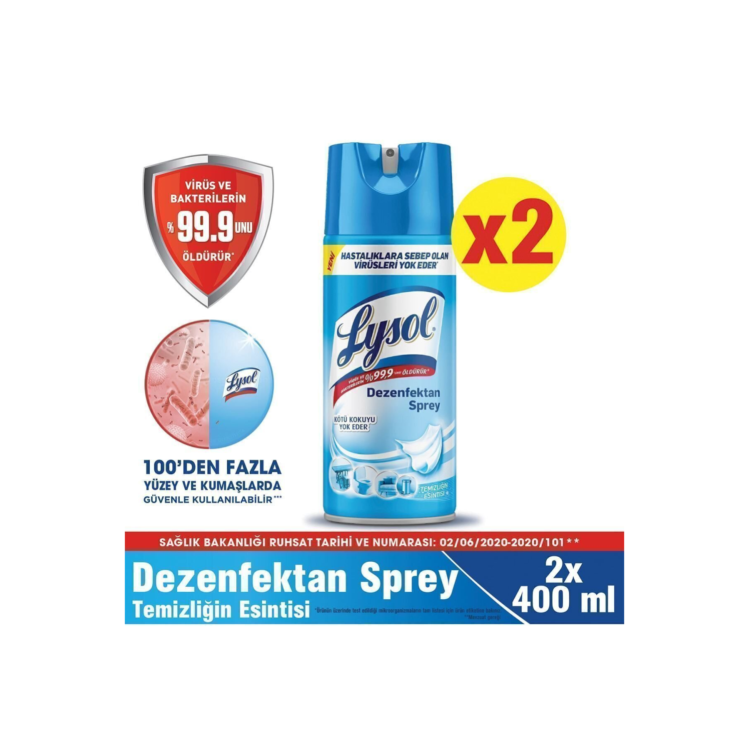 Dezenfektan Sprey Temizliğin Esintisi 2'li, Yüzeyler Için, 2x400 Ml