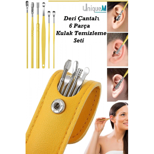 Çantalı 6 Parça Sarı Çelik Kulak Temizleme Temizleyici Kulak Kiri Temizleme Seti XLB521