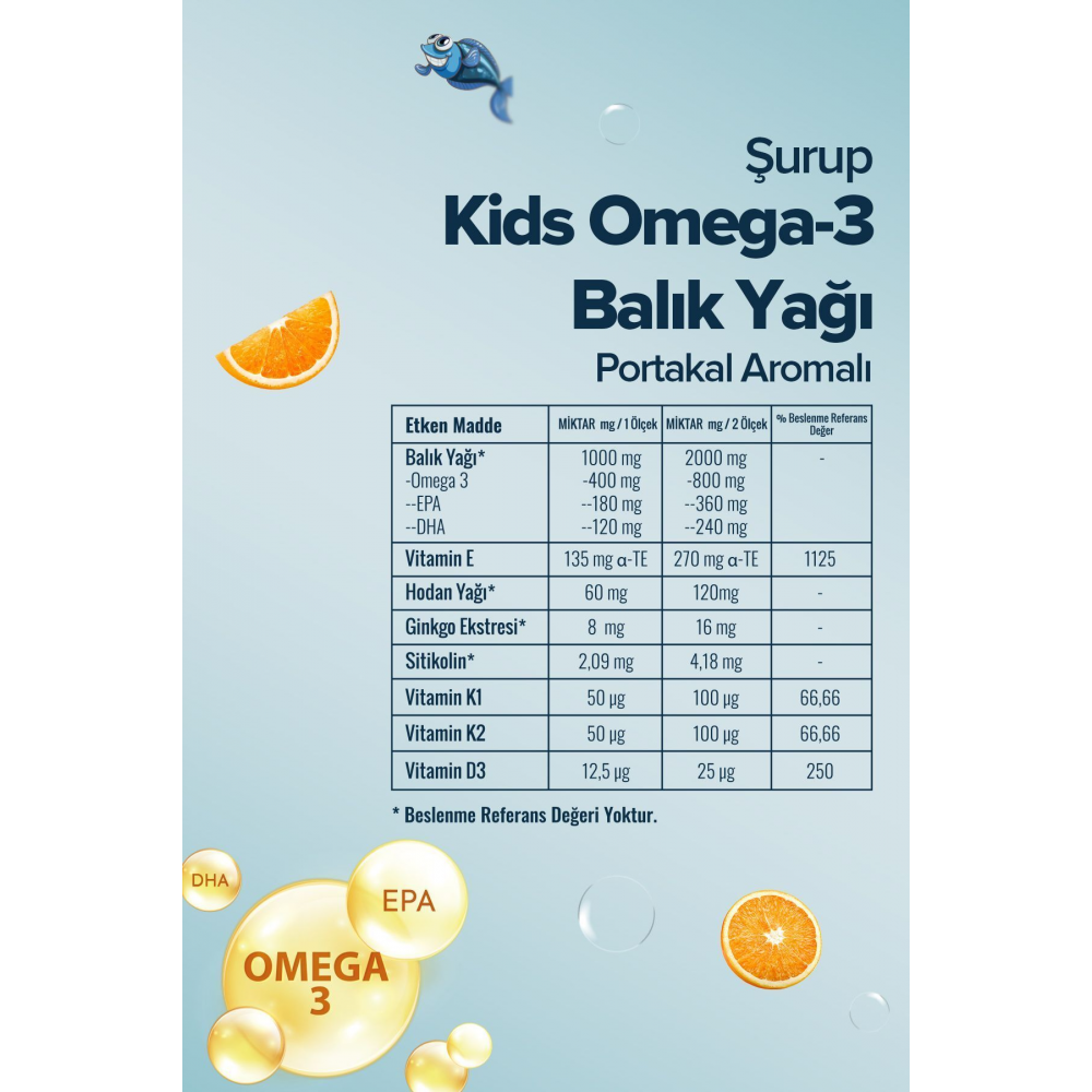 Kids Çocuklar için - Omega 3 Balık Yağı Şurubu Vitamin Katkılı ve Portakallı 150 Ml
