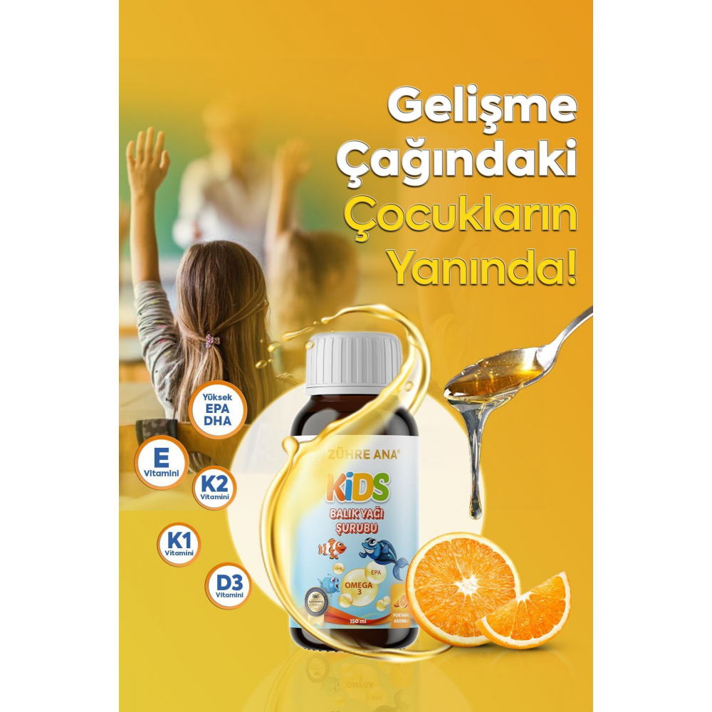 Kids Çocuklar için - Omega 3 Balık Yağı Şurubu Vitamin Katkılı ve Portakallı 150 Ml