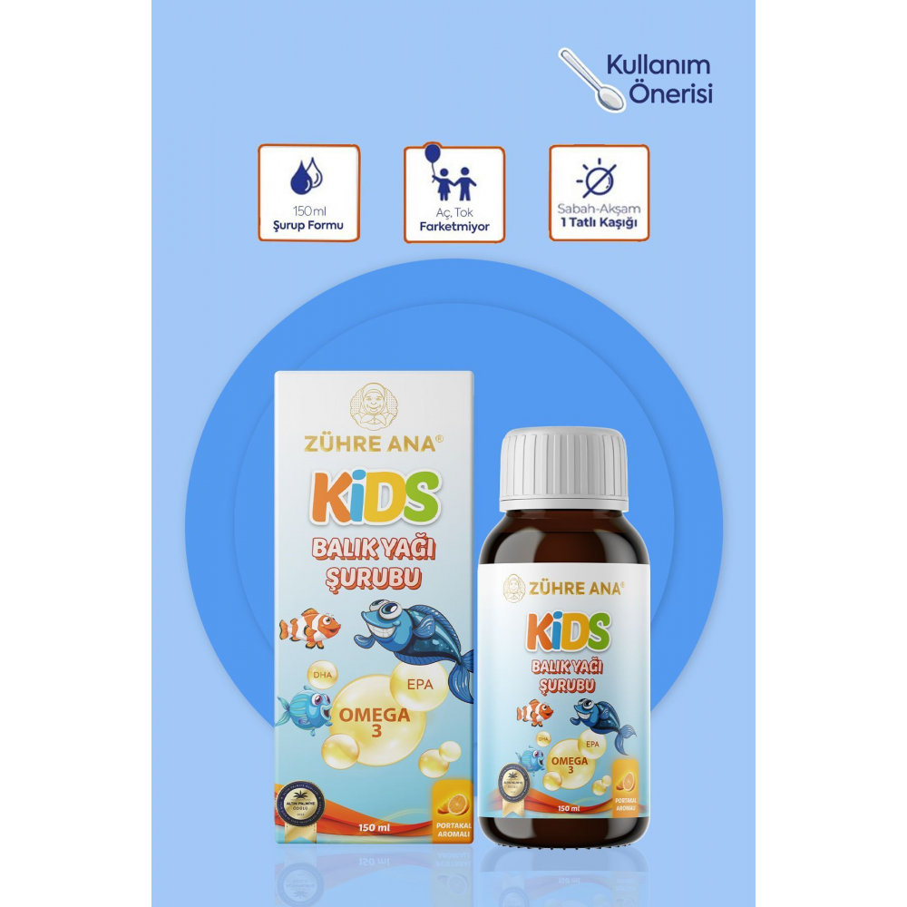 Kids Çocuklar için - Omega 3 Balık Yağı Şurubu Vitamin Katkılı ve Portakallı 150 Ml