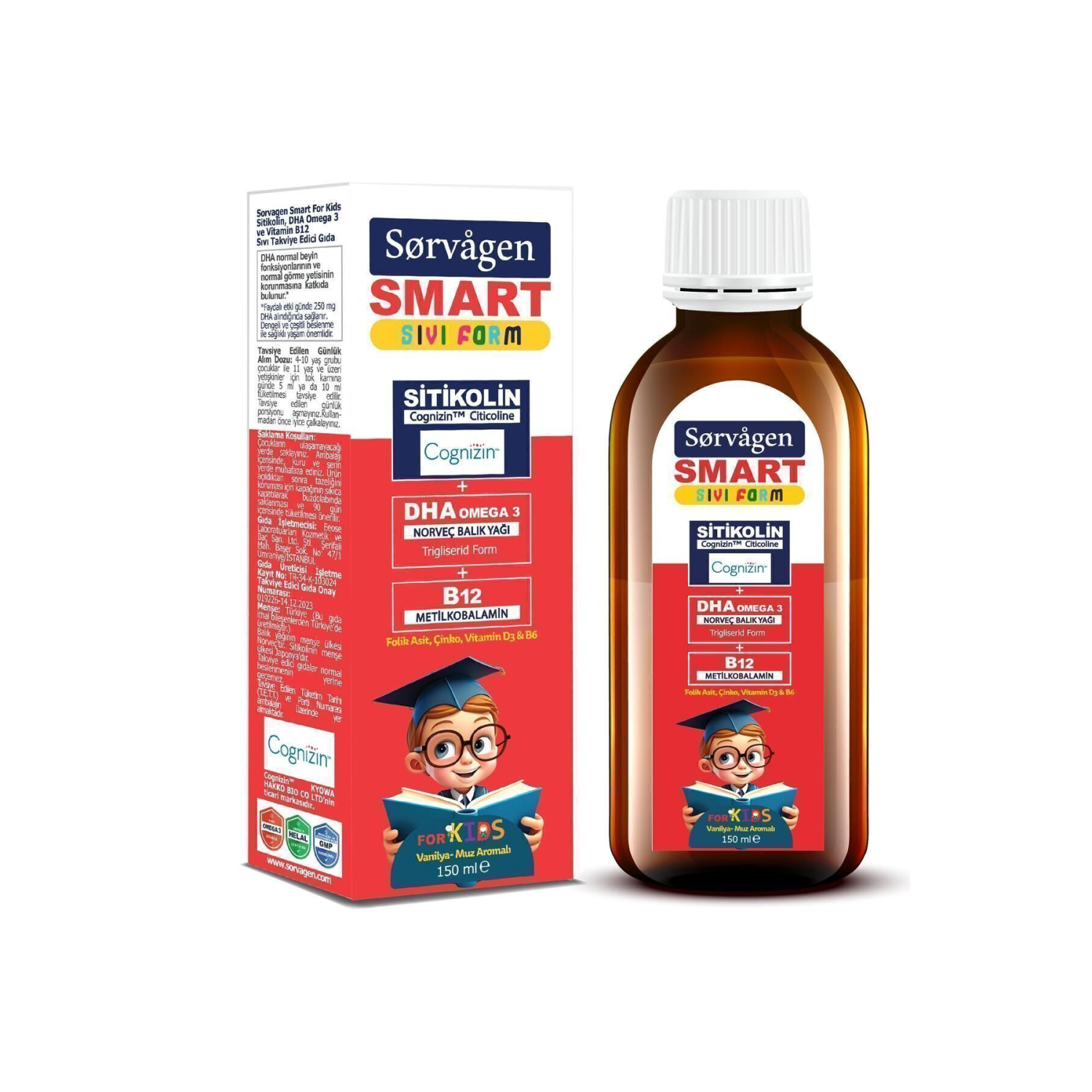 Smart Kids Sıvı Form - Sitikolin DHA Omega 3 Norveç Balık Yağı ve B12 - 150 ml