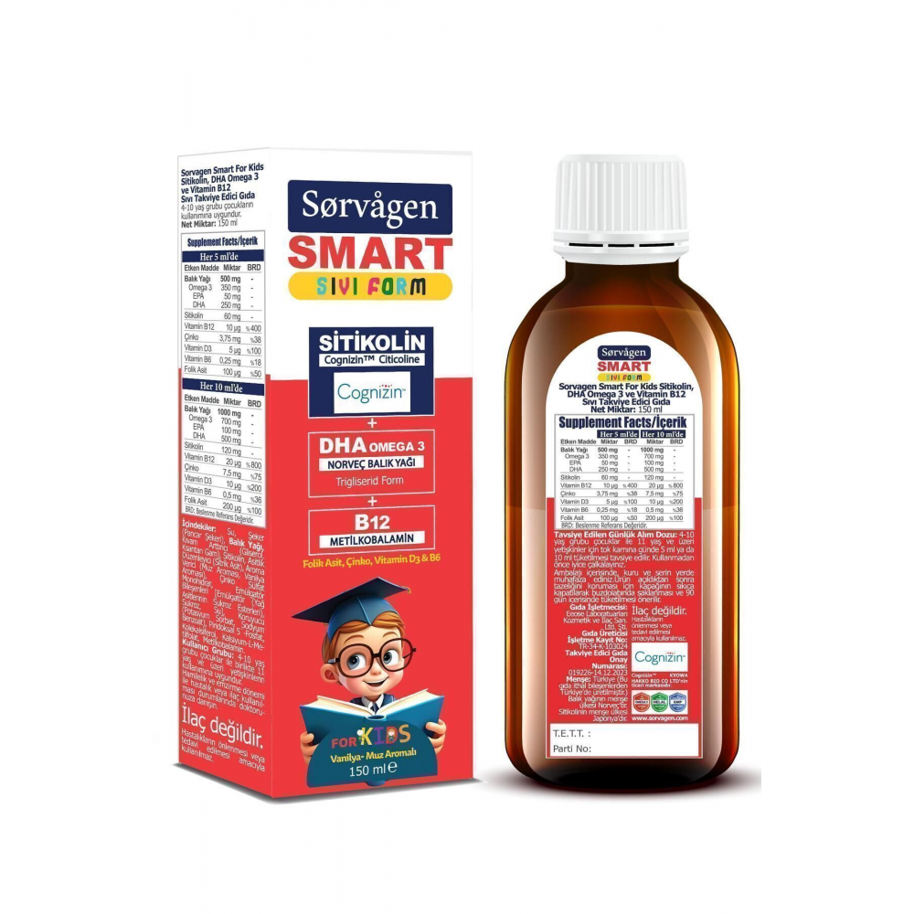 Smart Kids Sıvı Form - Sitikolin DHA Omega 3 Norveç Balık Yağı ve B12 - 150 ml