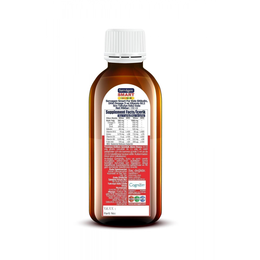 Smart Kids Sıvı Form - Sitikolin DHA Omega 3 Norveç Balık Yağı ve B12 - 150 ml