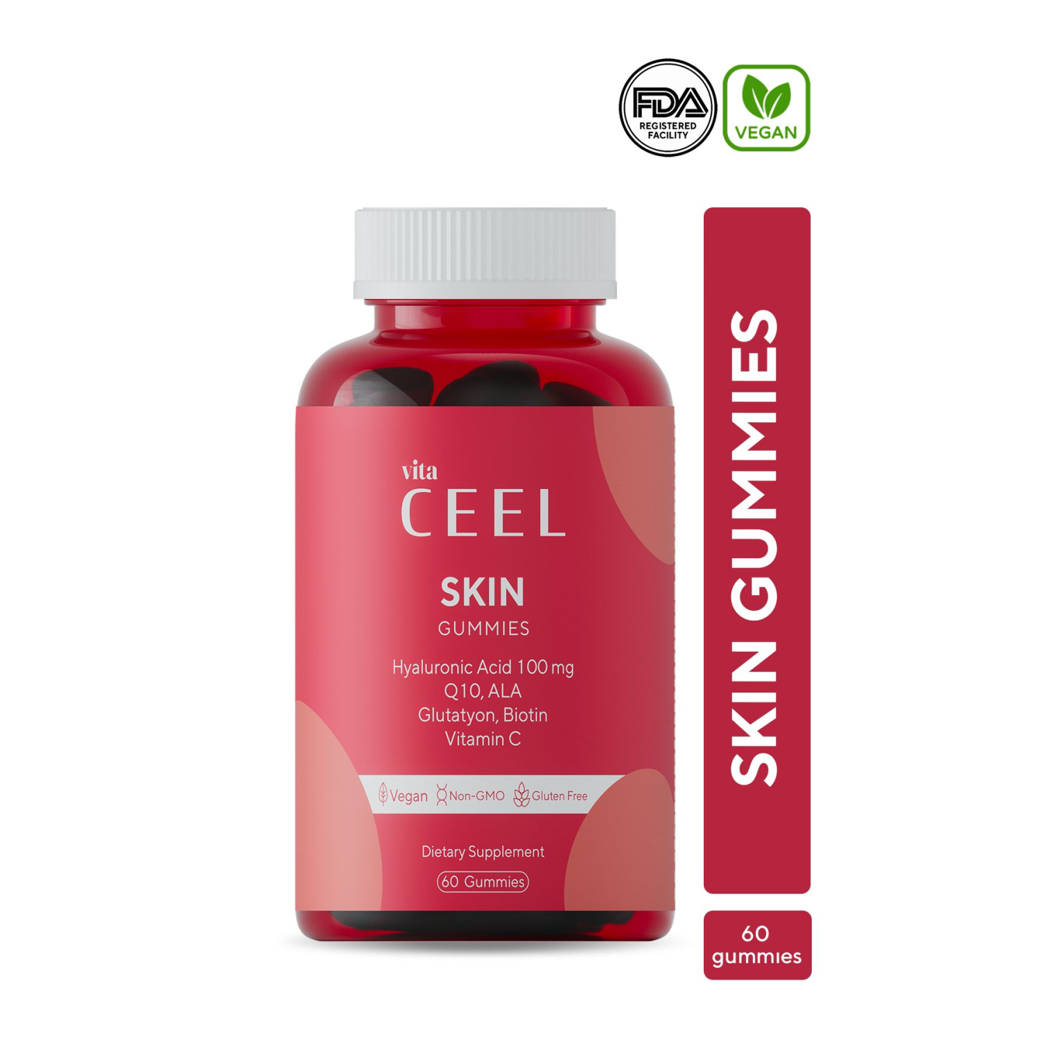 Cilt Vitamini Çiğnenebilir Vegan Gummy, Hyaluronic Acid, Vitamin C, Glutatyon, Q10, Ala, Biotin