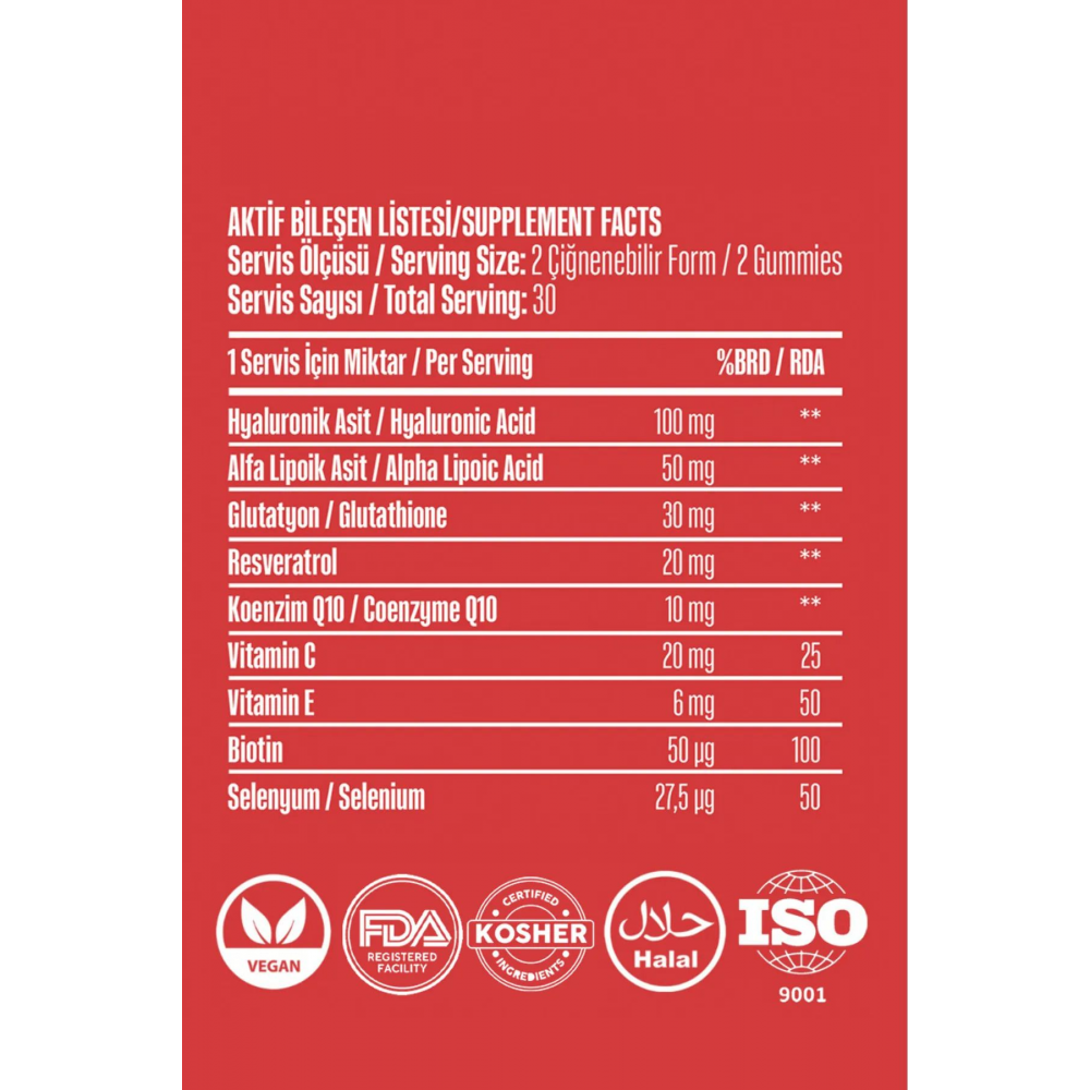 Cilt Vitamini Çiğnenebilir Vegan Gummy, Hyaluronic Acid, Vitamin C, Glutatyon, Q10, Ala, Biotin