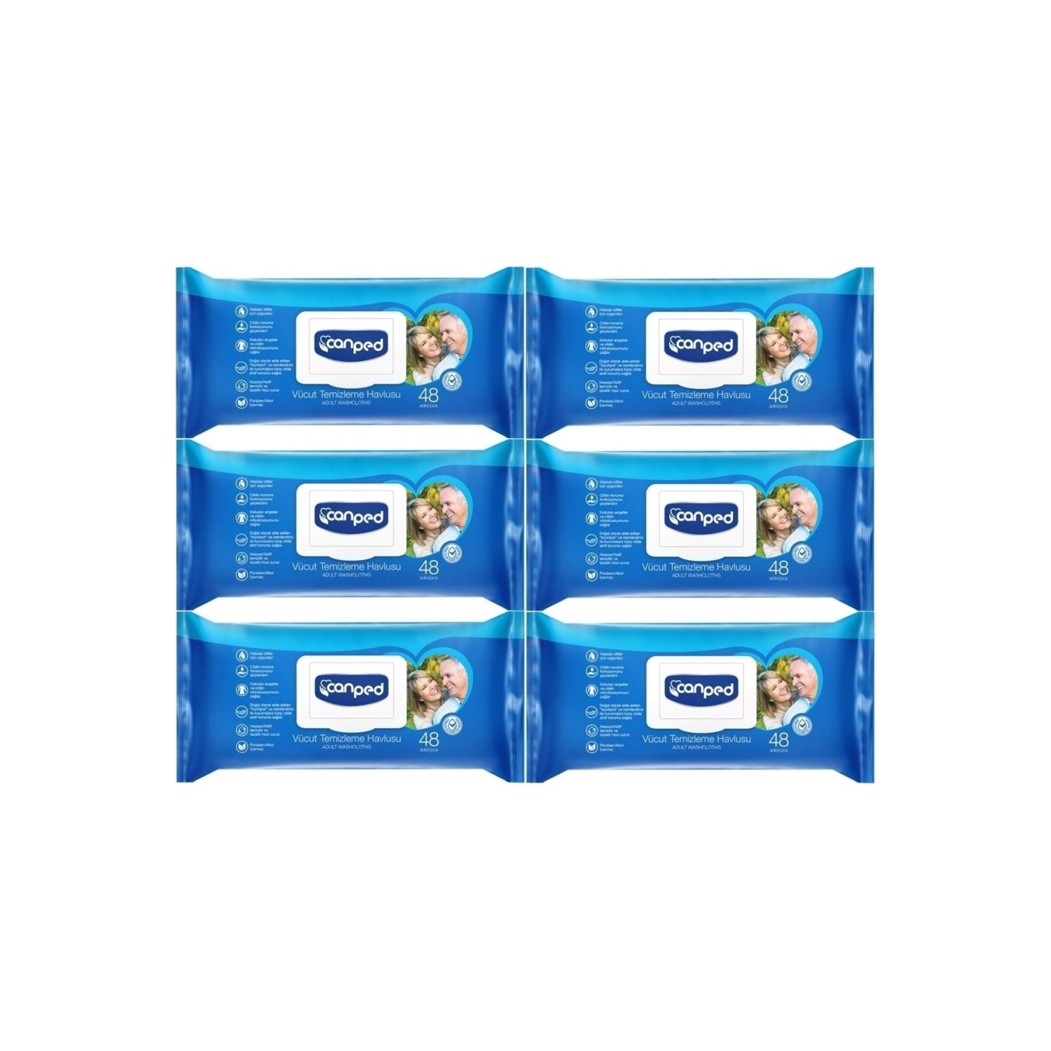 Hasta Vücut Perine Temizleme Islak Mendil Havlu 48 Yaprak Xl (6 Lı Set) Plastik Kapaklı