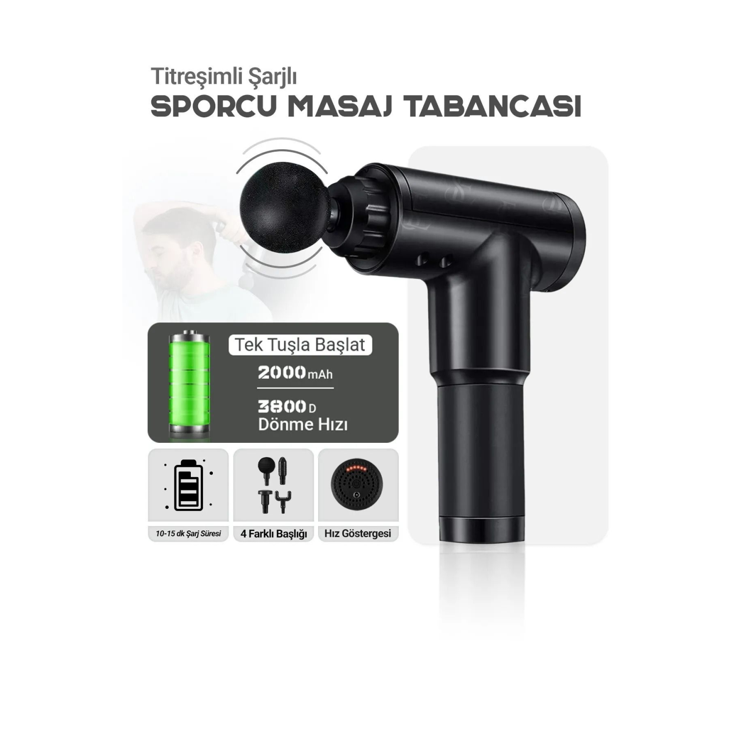 Darbeli Titreşimli Şarjlı Sporcu Masaj Tabancası Masaj Aleti Kas Rahatlatıcı Egzersiz Alet