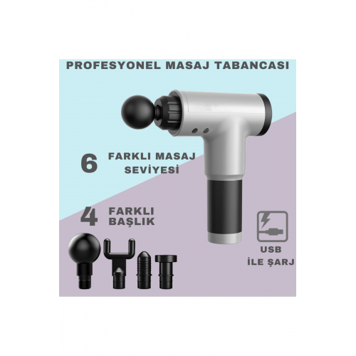 Şarjlı Masaj Tabancası 4 Başlıklı Sporcu Masaj Aleti 6 Kademeli Boyun Bel Sırt Bacak Ayak Masajı