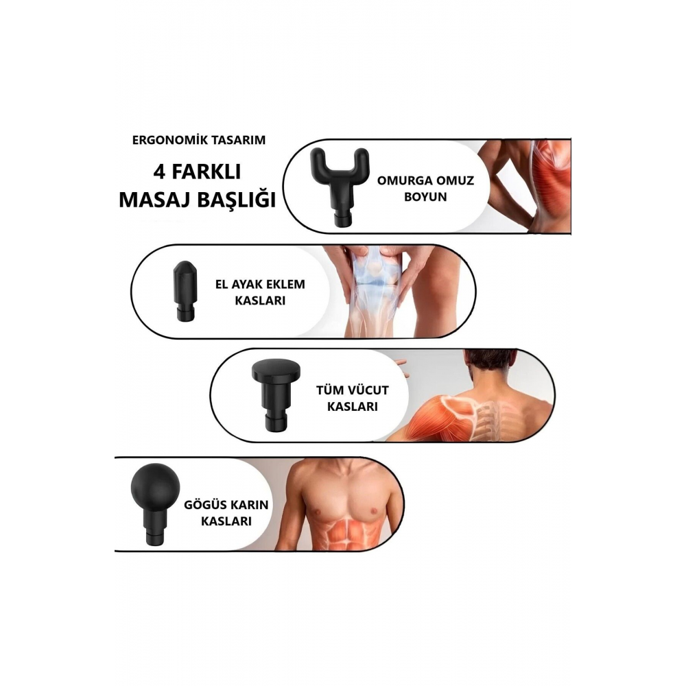 Şarjlı Masaj Tabancası 4 Başlıklı Sporcu Masaj Aleti 6 Kademeli Boyun Bel Sırt Bacak Ayak Masajı