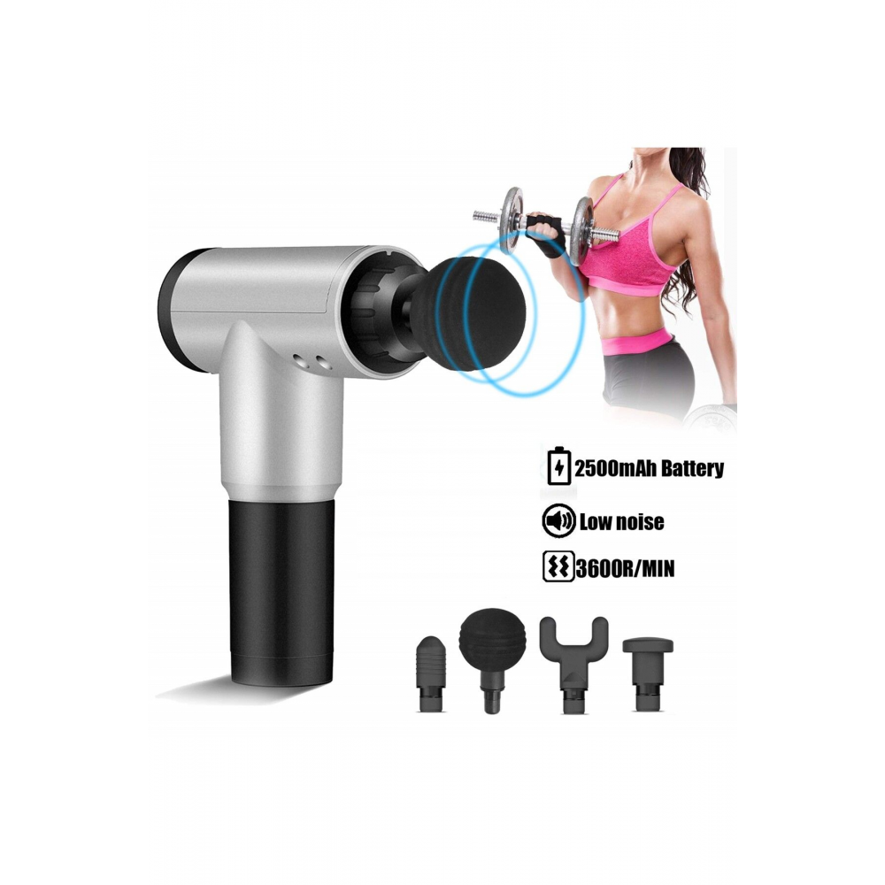 Şarjlı Masaj Tabancası 4 Başlıklı Sporcu Masaj Aleti 6 Kademeli Boyun Bel Sırt Bacak Ayak Masajı