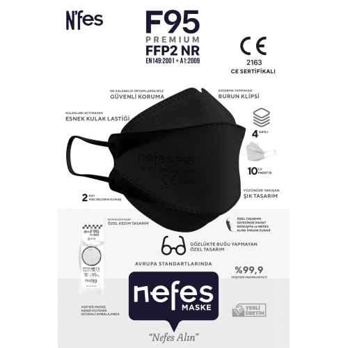 N'fes F95 Siyah Kore Tipi N95 Maske 10 Adet Iso Ve Ce Belgeli