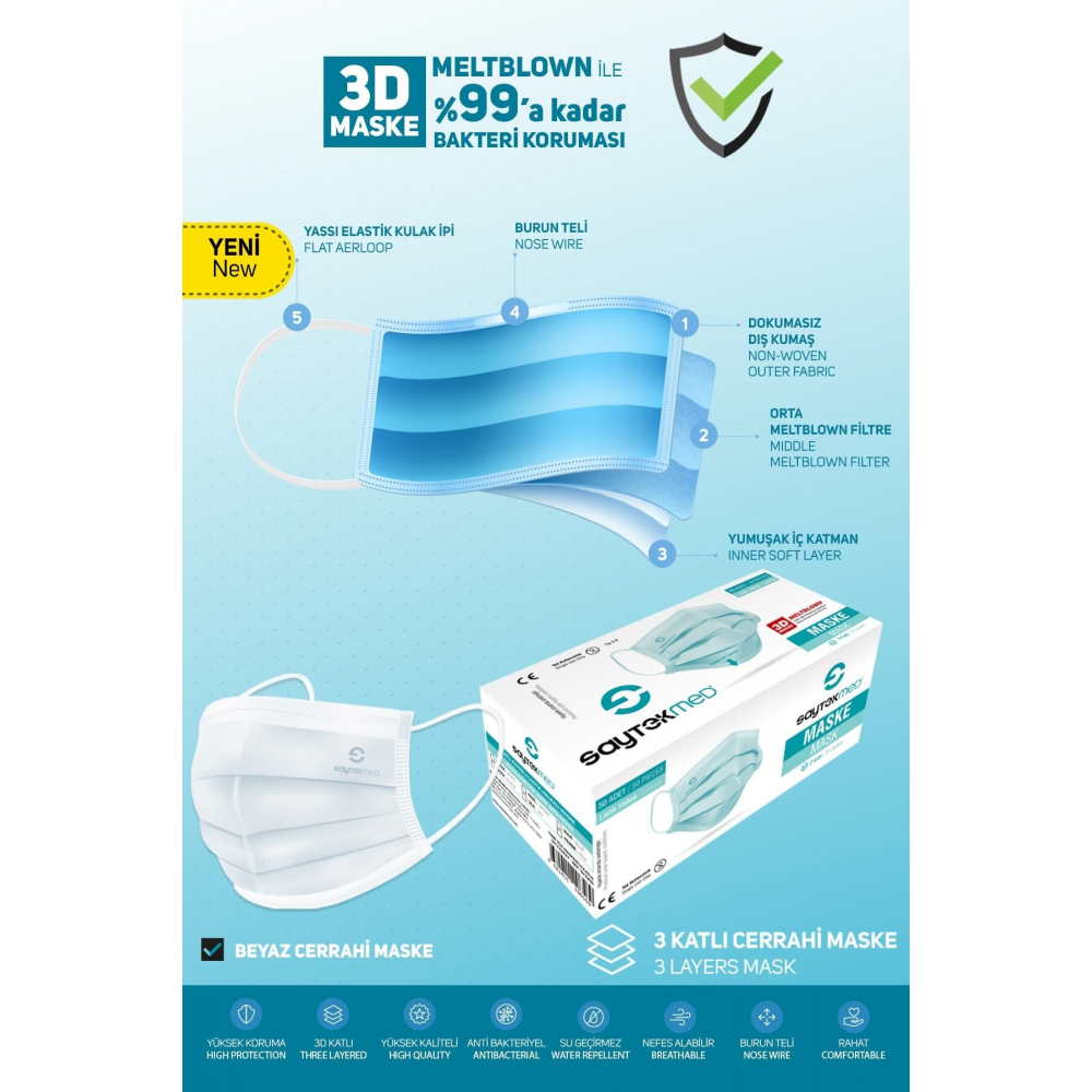 Meltblown Filtreli, 3 Katlı Yassı Ipli Beyaz Maske (1 KUTU/50 ADET)