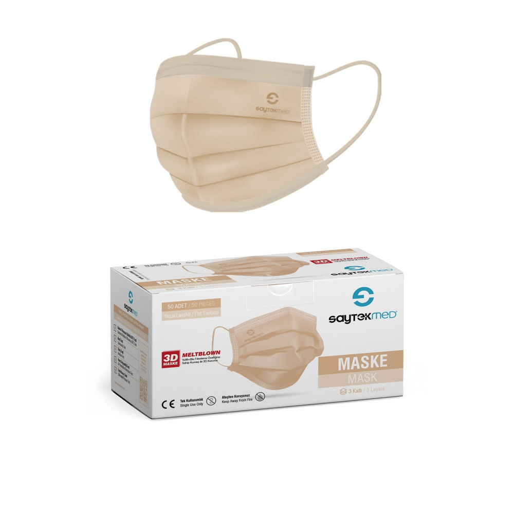 Meltblown Filtreli, Yassı Ipli, 3 Katlı Ten Rengi Cerrahi Maske (1KUTU/50 ADET)