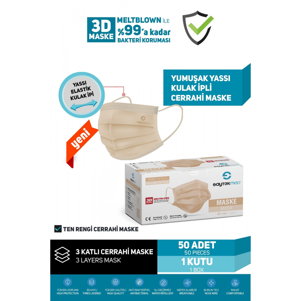 Meltblown Filtreli, Yassı Ipli, 3 Katlı Ten Rengi Cerrahi Maske (1KUTU/50 ADET)