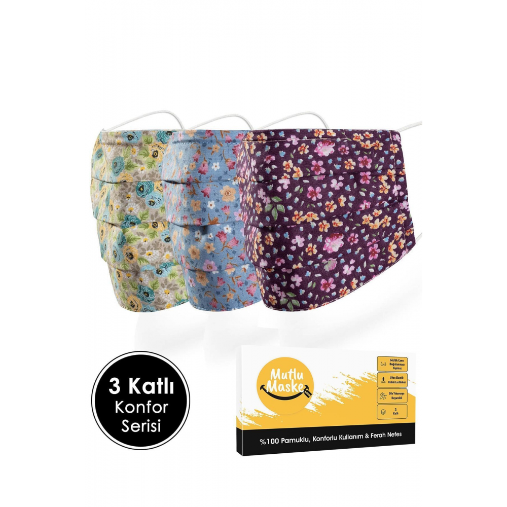 Konfor Modeli 3 Katlı Telli Çiçekli Desenli Pamuklu Kumaş Yıkanabilen Bez Maske Çeşitleri 3'lü Set