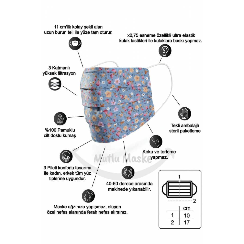 Konfor Modeli 3 Katlı Telli Çiçekli Desenli Pamuklu Kumaş Yıkanabilen Bez Maske Çeşitleri 3'lü Set
