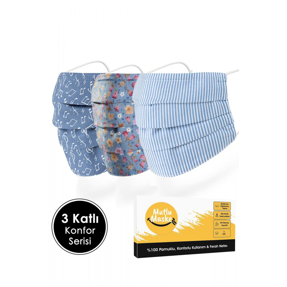 Konfor Modeli 3 Katlı Telli Desenli Pamuklu Kumaş Yıkanabilir Bez Maske Çeşitleri 3'lü Set (3 DESEN)