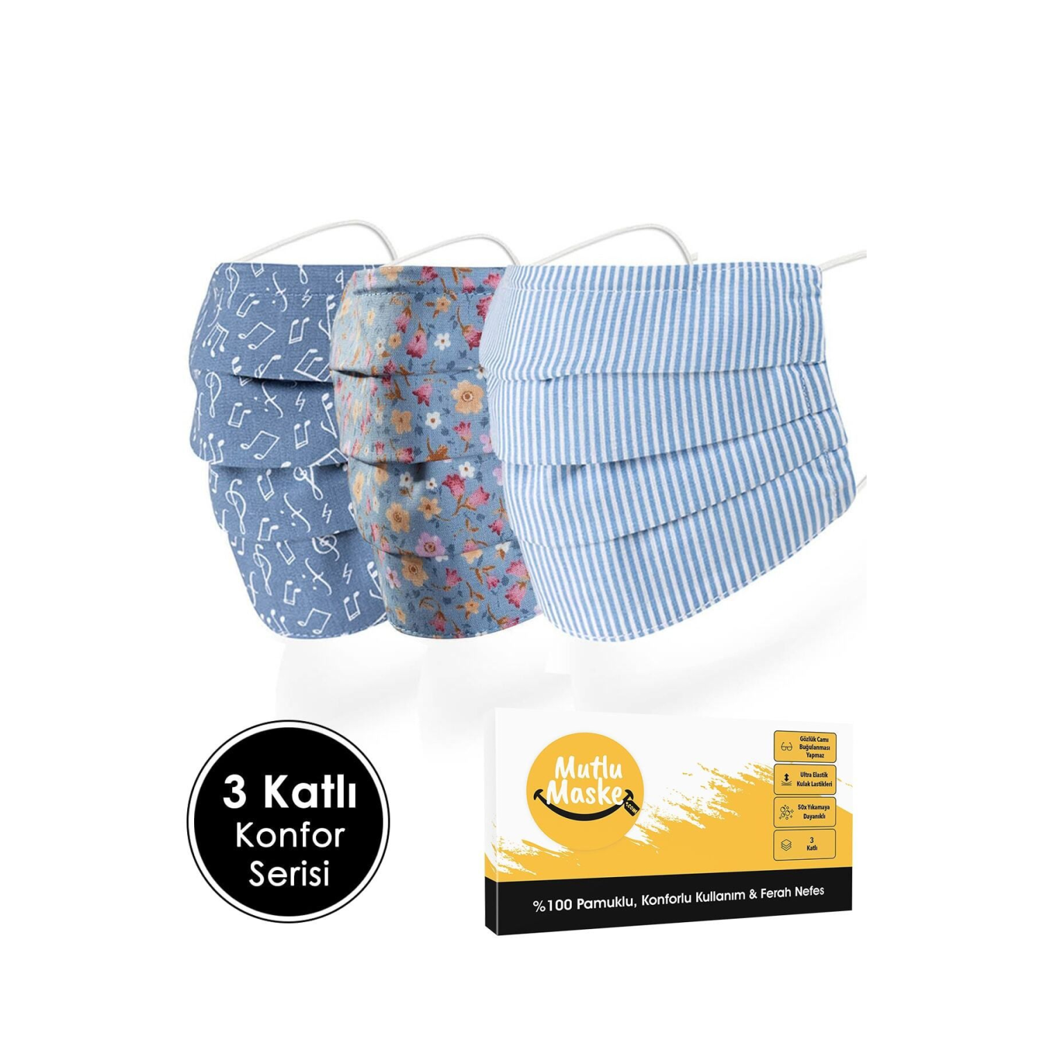 Konfor Modeli 3 Katlı Telli Desenli Pamuklu Kumaş Yıkanabilir Bez Maske Çeşitleri 3'lü Set (3 DESEN)