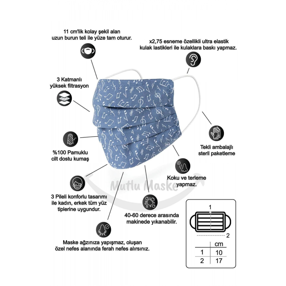 Konfor Modeli 3 Katlı Telli Desenli Pamuklu Kumaş Yıkanabilir Bez Maske Çeşitleri 3'lü Set (3 DESEN)