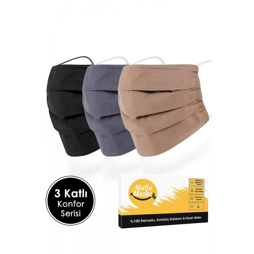 Konfor Serisi 3 Katlı Telli Siyah Gri Kahverengi Renkli Pamuklu Kumaş Yıkanabilen Bez Maske 3'lü Set