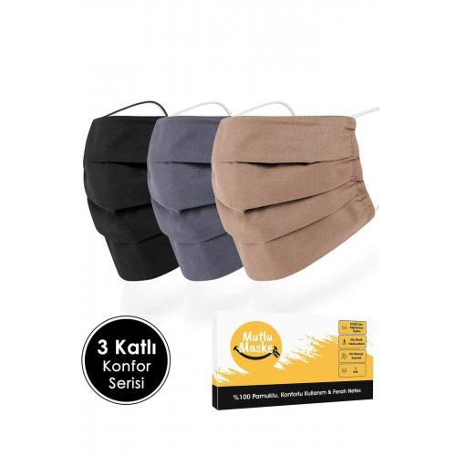 Konfor Serisi 3 Katlı Telli Siyah Gri Kahverengi Renkli Pamuklu Kumaş Yıkanabilen Bez Maske 3'lü Set