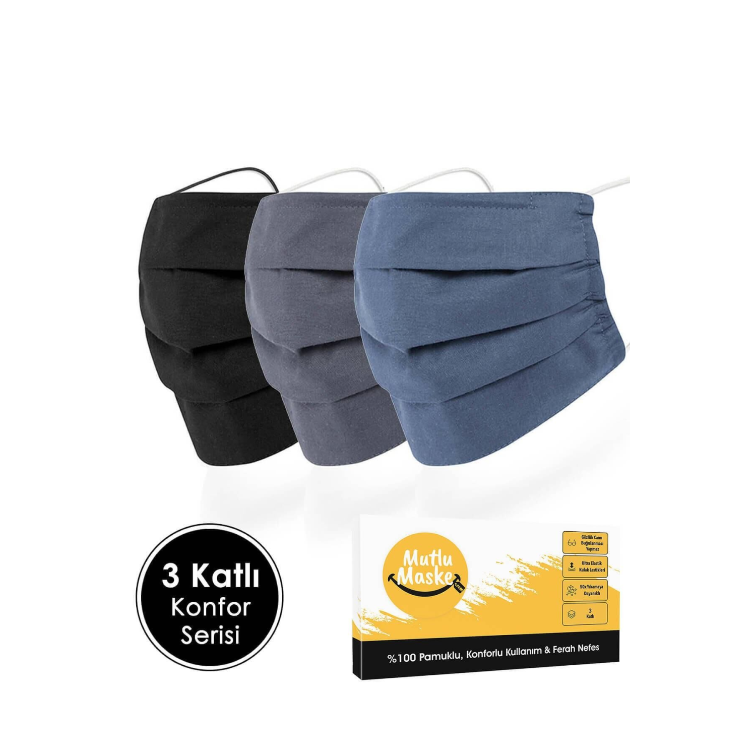 Konfor Serisi 3 Katlı Telli Siyah Gri Lacivert Renkli Pamuklu Kumaş Yıkanabilir Bez Maske 3'lü Set
