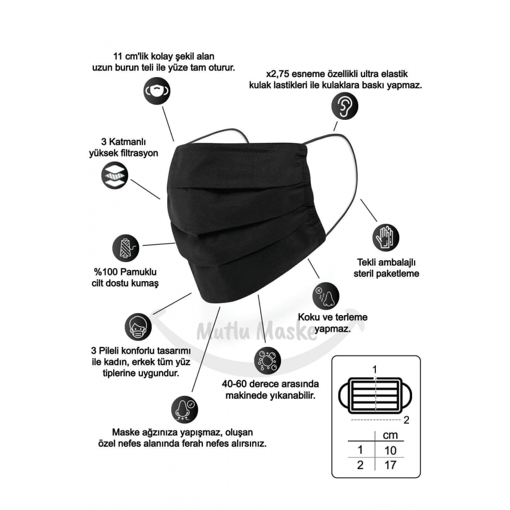 Konfor Serisi 3 Katlı Telli Siyah Gri Lacivert Renkli Pamuklu Kumaş Yıkanabilir Bez Maske 3'lü Set