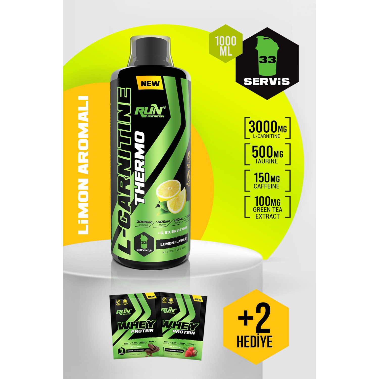 L-carnitine - 1 Lt - Limon Aromalı - 3000mg - 33 Servis - Hediyeli