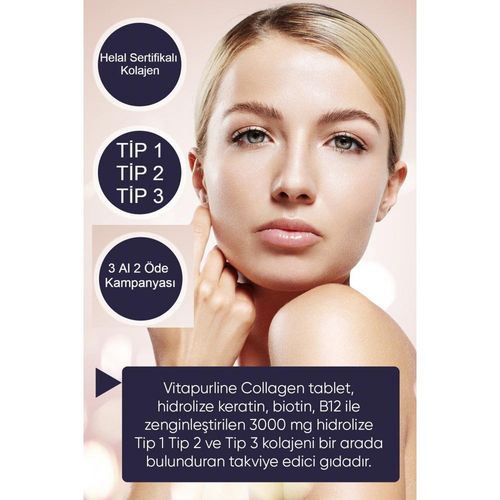 Collagen 90 Tablet 3000mg - Tip 1-2-3 Vitamin B12 Biotin Hidrolize Kolajen