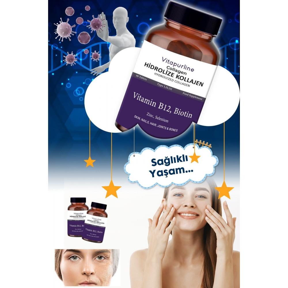 Collagen 90 Tablet 3000mg - Tip 1-2-3 Vitamin B12 Biotin Hidrolize Kolajen