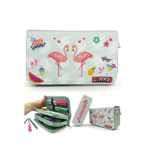 Limmy Ikili Flamingo Desenli Modelist Kalem Kutusu Üç Bölmeli Kalemlik Yeşil