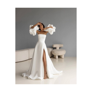 LORİA Beyaz Balon Kol Detay Uzun Gelinlik & Nikah Elbise 5138 46 Beden